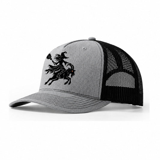 Medieval Woodcut Witch On A Goat Witch Magic Trucker Hat – Sport Grey Black