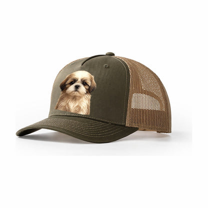 Baby Shih Tzu Puppy Long Flowing Coat Flat Face Big Dark Eye Trucker Hat – Olive-Khaki