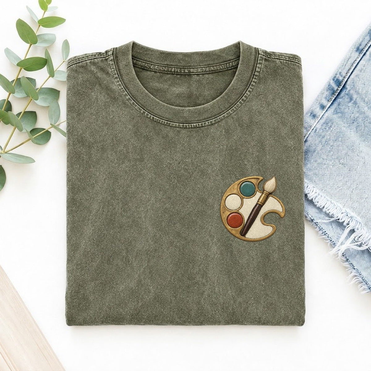Painter Palette Crescent Keepsake Emblem Left Chest Vintage T-shirt – Army Green