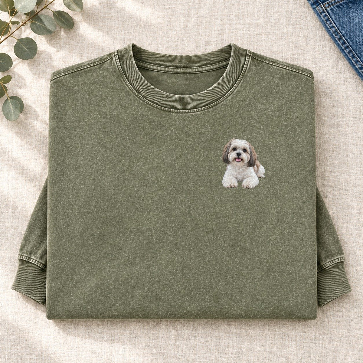 Shih Tzu Lying Down Left Chest Washed Long Sleeve T-Shirt – Army Green