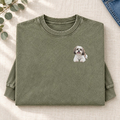 Shih Tzu Lying Down Left Chest Washed Long Sleeve T-Shirt – Army Green