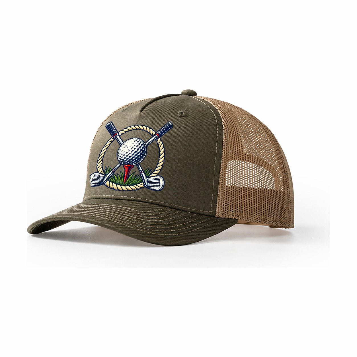 Crossed Clubs Crest Golf Life Trucker Hat – Olive Khaki