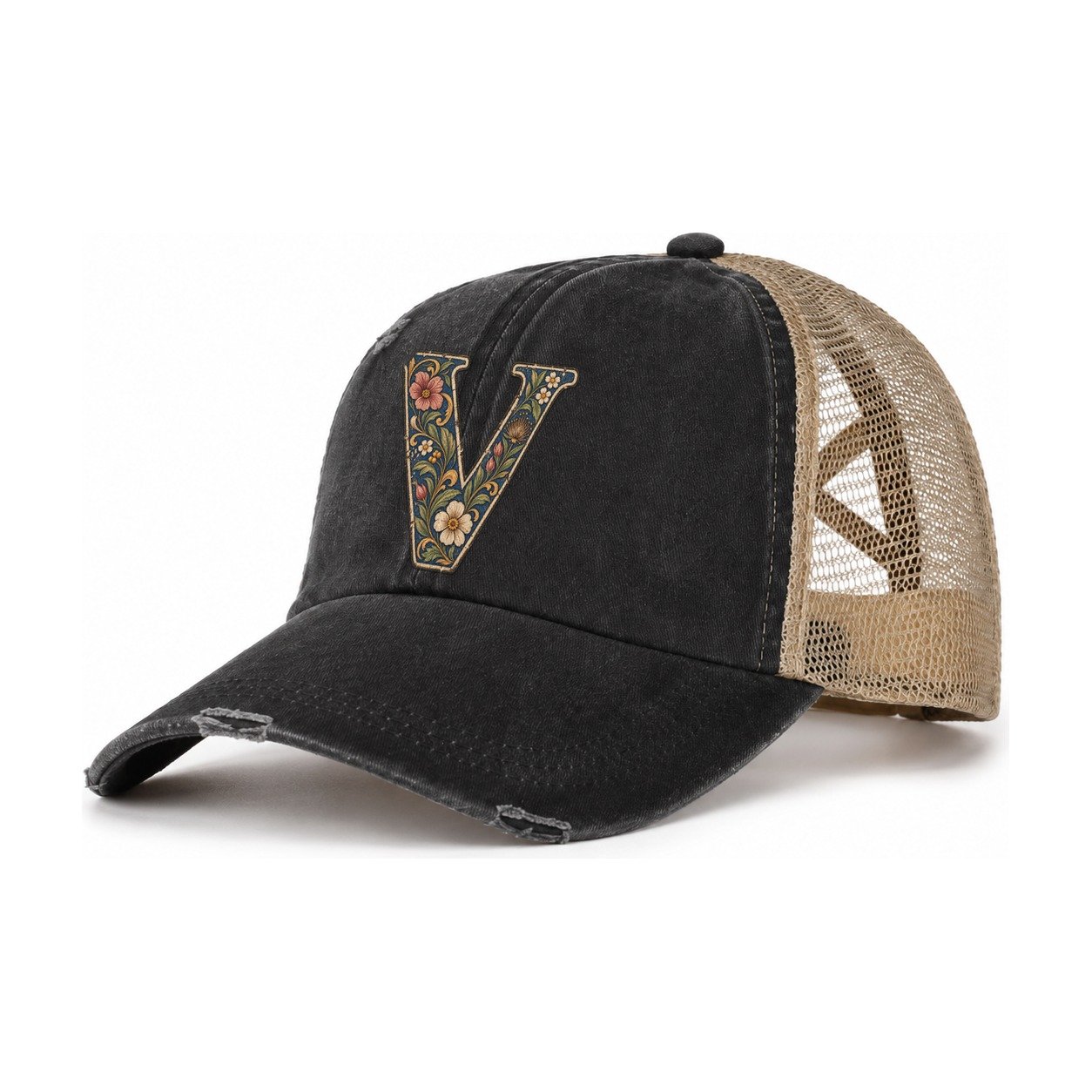 Wildflower V Monogram Women's Ponytail Trucker Hat – Washed Black Khaki
