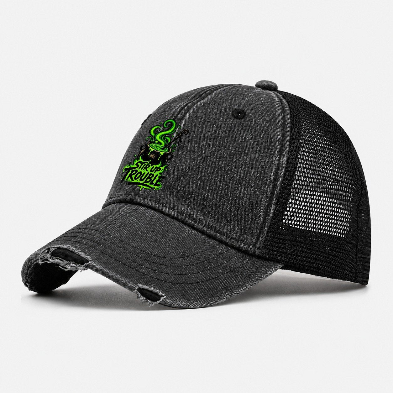 Stir Up Trouble Slogan Witch Magic Washed Trucker Hat – Black