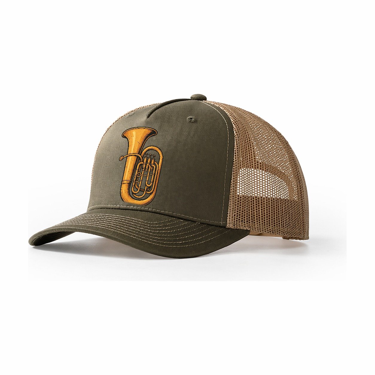 Tuba With Large Brass Bell Trucker Hat – Olive-Khaki