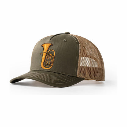 Tuba With Large Brass Bell Trucker Hat – Olive-Khaki