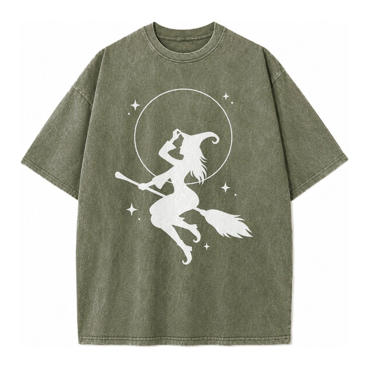 Witch On Broom Vintage T-shirt – Army Green