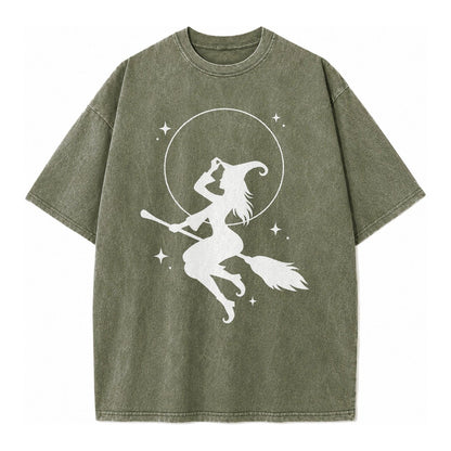 Witch On Broom Vintage T-shirt – Army Green