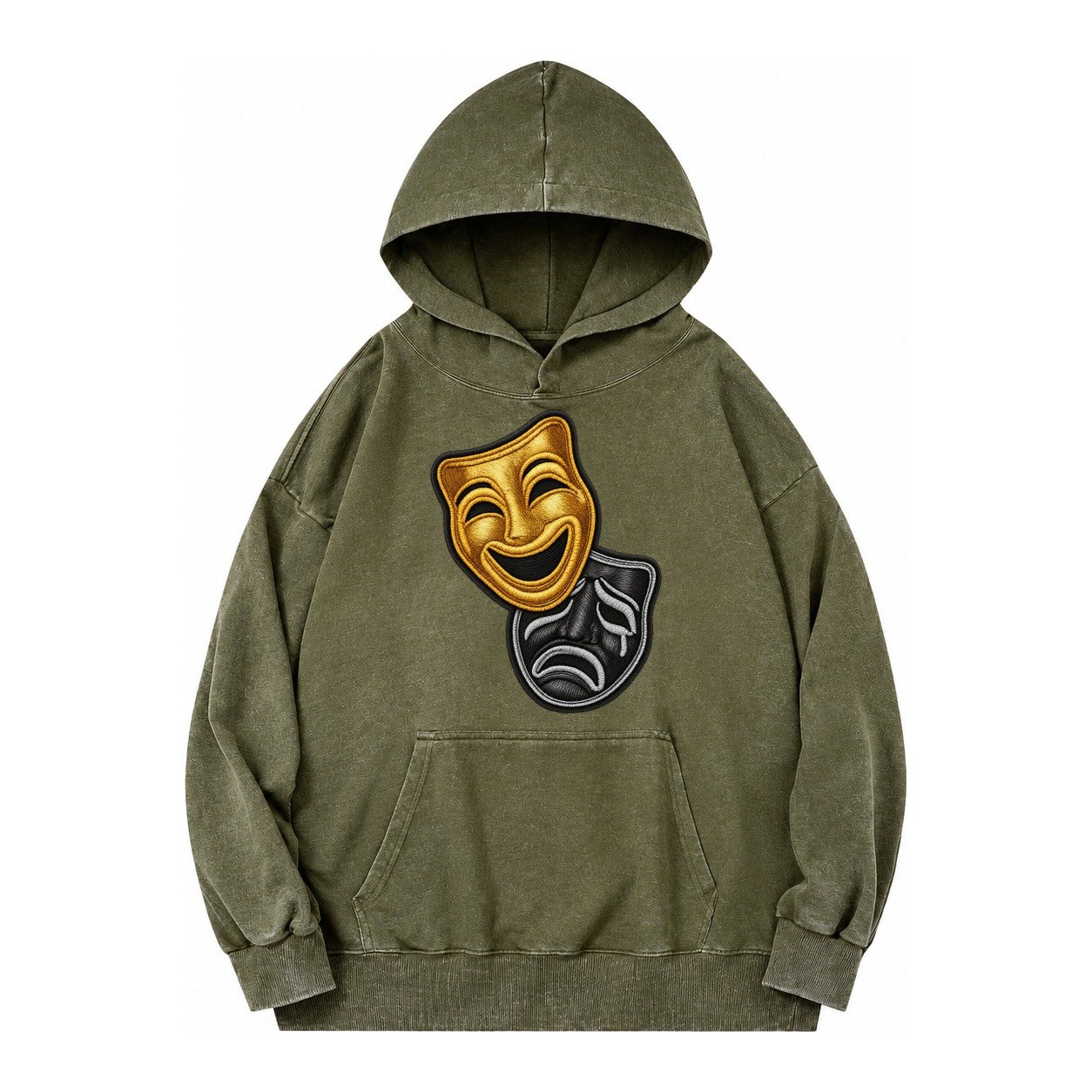 Broadway Masks Comedy Tragedy Masks In Gold And Black Theate Vintage Washed Hoodie – Army Green