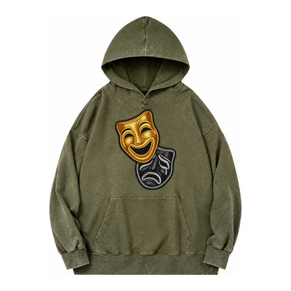 Broadway Masks Comedy Tragedy Masks In Gold And Black Theate Vintage Washed Hoodie – Army Green