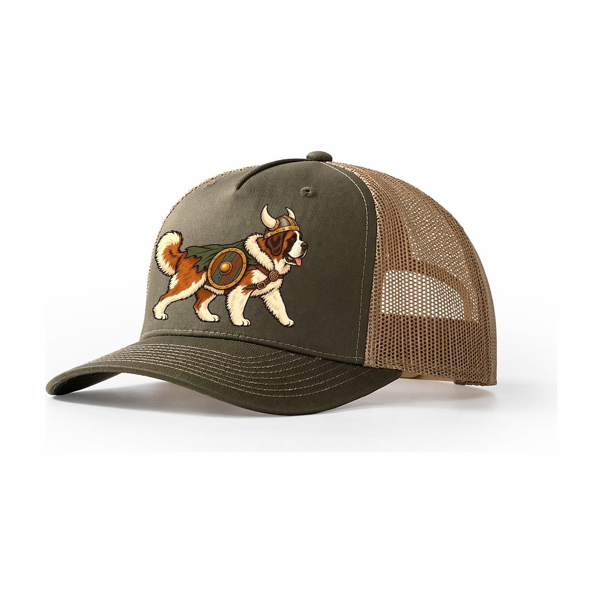 One Saint Bernard In Halloween Costume Viking Costume With A Horned Helmet And Small Shield Halloween Dog Parade Trucker Hat – Olive Khaki