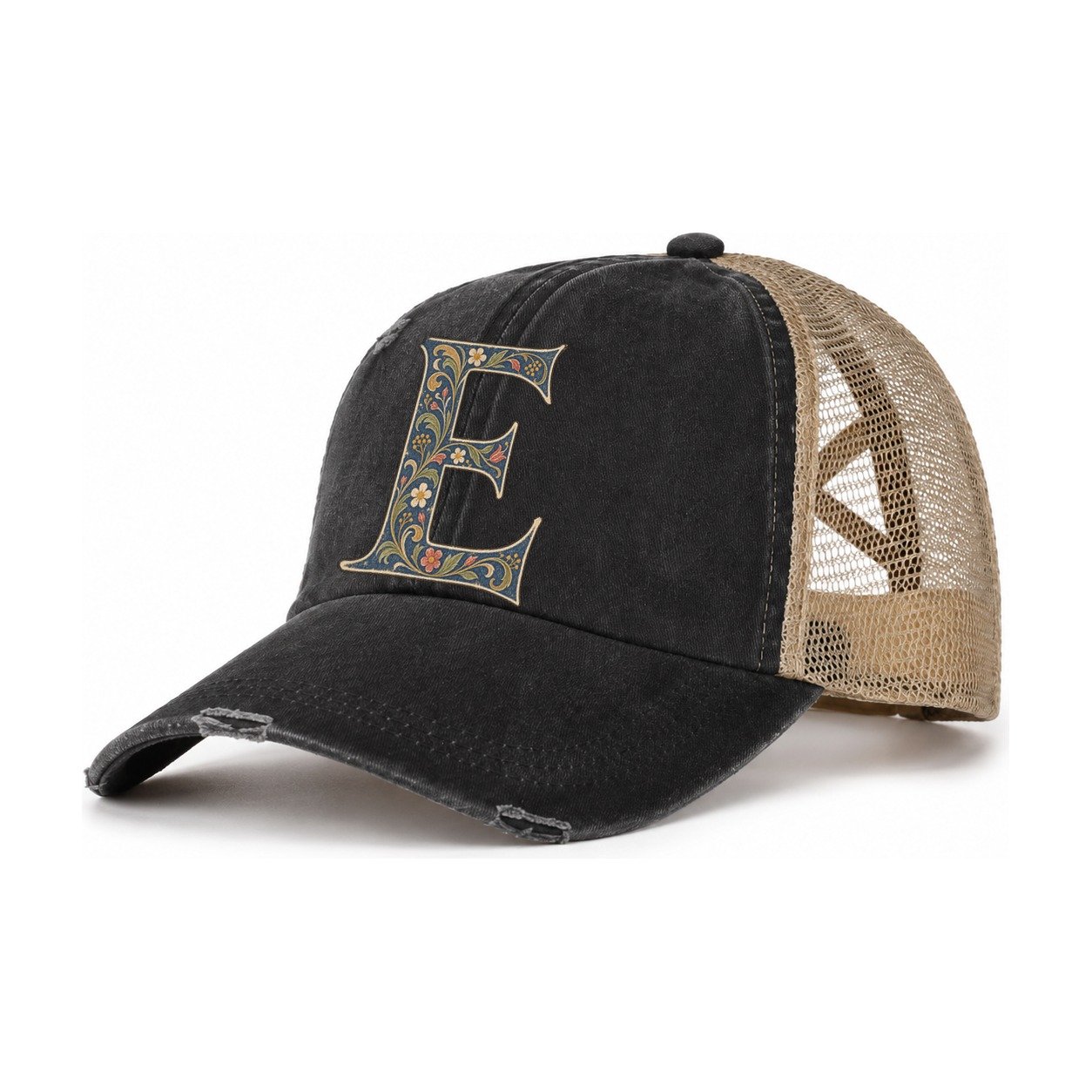 Wildflower E Monogram Women's Ponytail Trucker Hat – Washed Black Khaki
