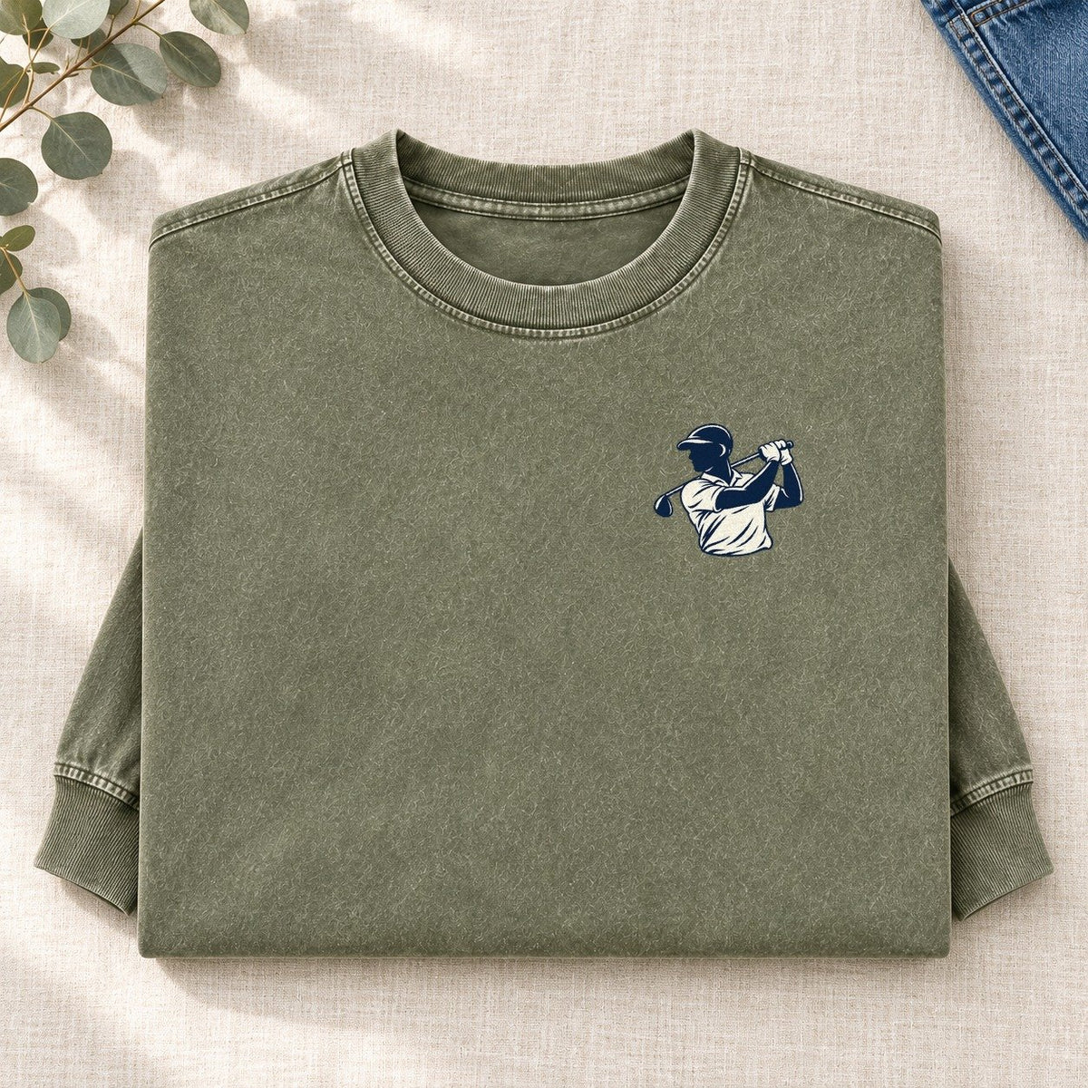 Golf Swing Left Chest Washed Long Sleeve T-Shirt – Army Green