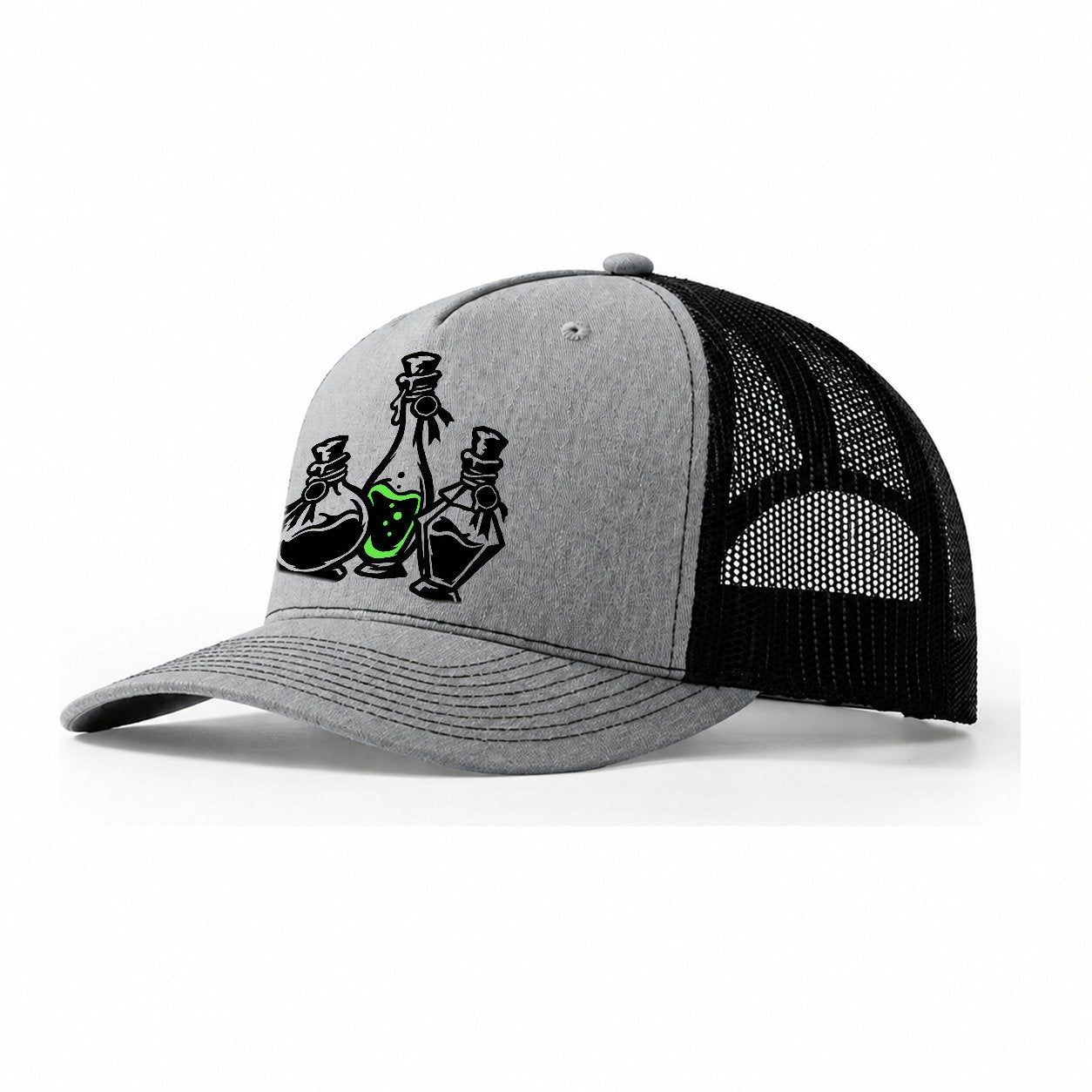 Apothecary Potion Bottle Trio Witch Magic Trucker Hat – Sport Grey Black