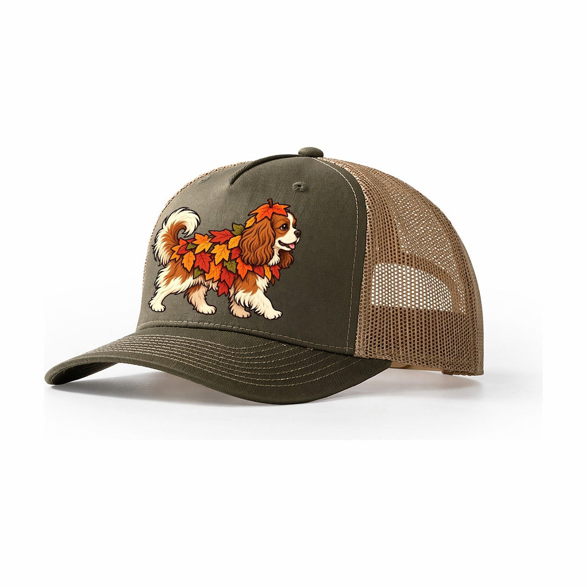 One Cavalier King Charles Spaniel In Halloween Costume Fallen Leaf Pile Costume With Orange And Red Felt Leaves Halloween Dog Parade Trucker Hat – Olive Khaki