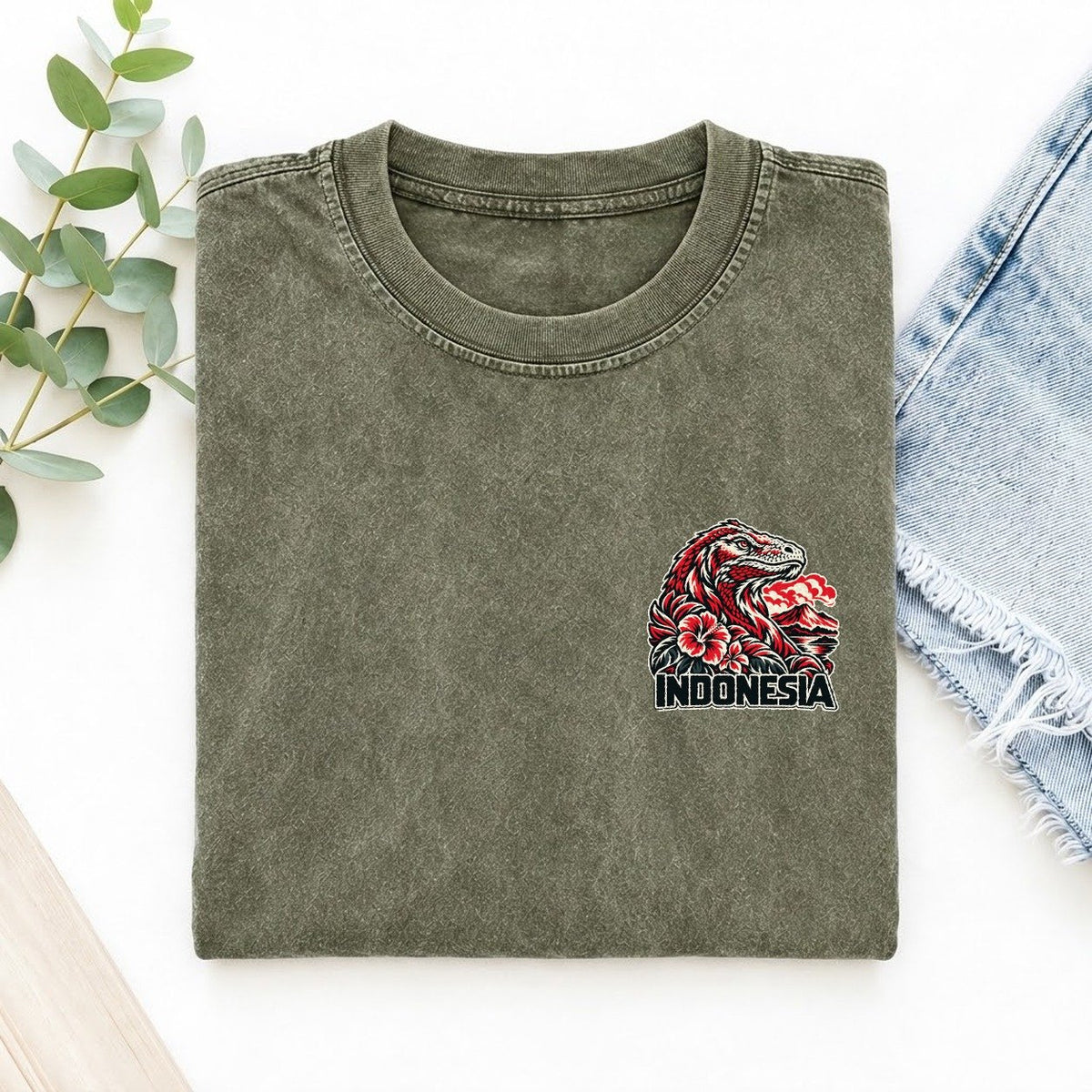 Indonesia Country Pride Left Chest Vintage T-shirt – Army Green
