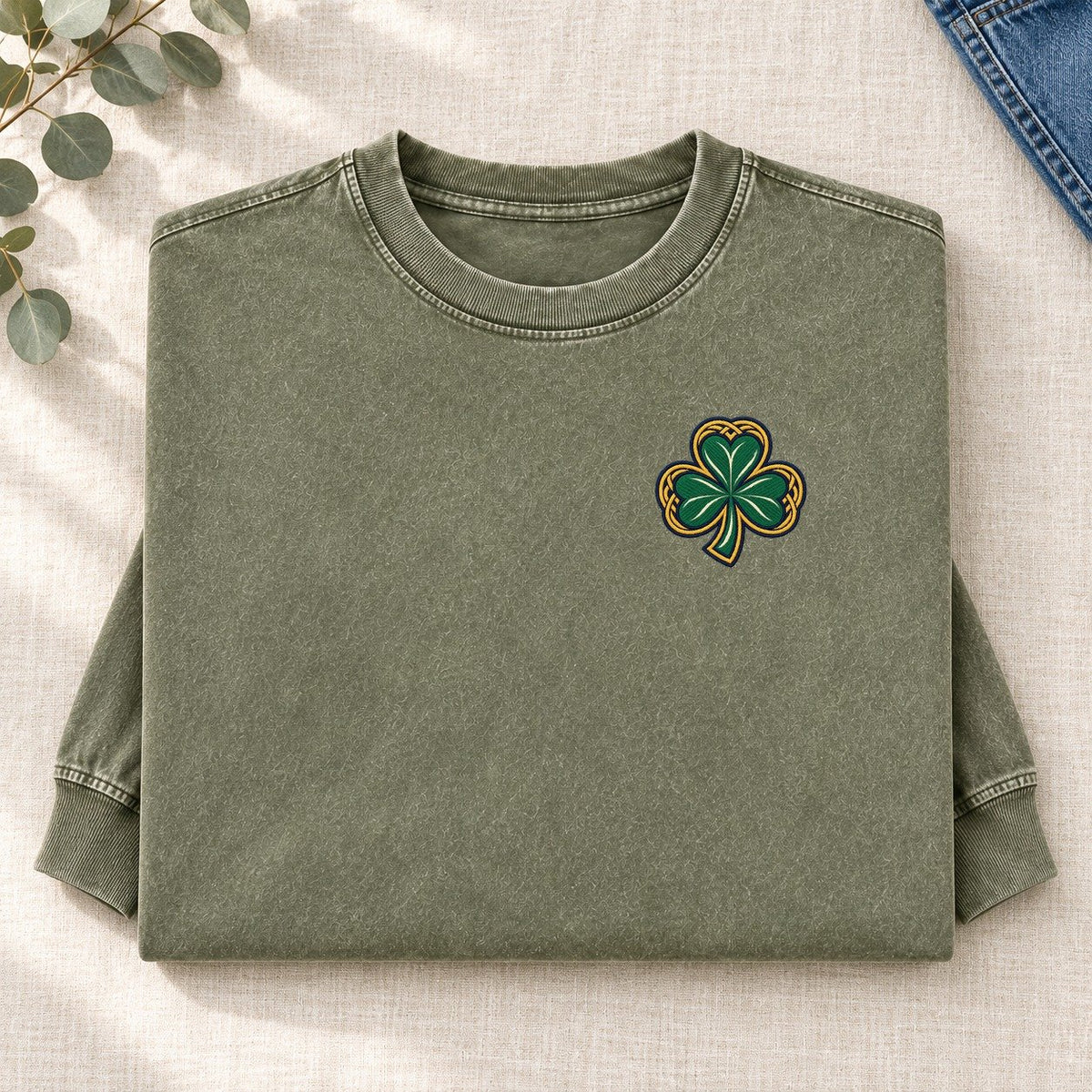 Celtic Shamrock Left Chest Washed Long Sleeve T-Shirt – Army Green