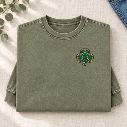 Celtic Shamrock Left Chest Washed Long Sleeve T-Shirt – Army Green