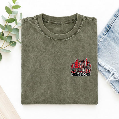 Hong Kong Country Pride Left Chest Vintage T-shirt – Army Green