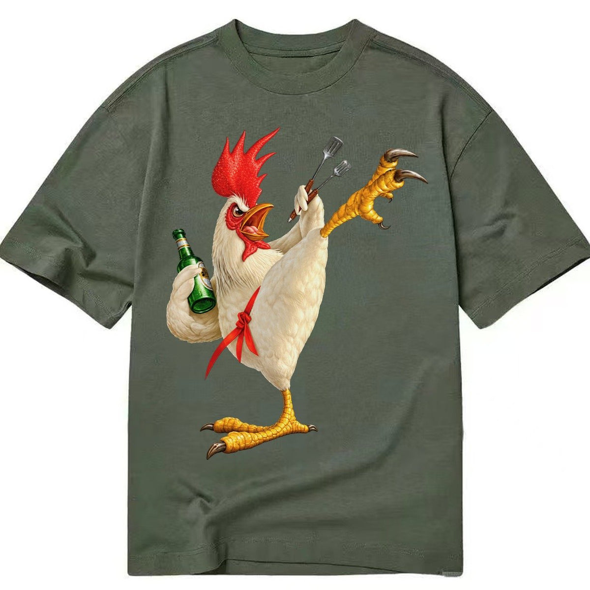 Rooster Printed Unisex Baseball Cap Solid Color Washed Distr Classic T-shirt – Army Green