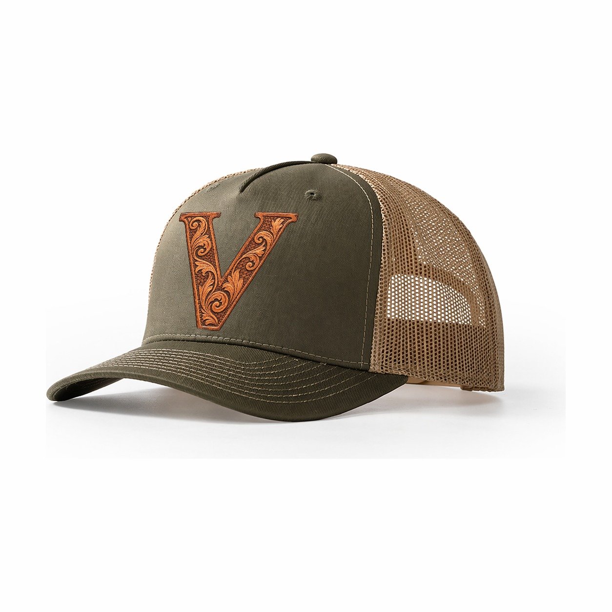 Tooled Leather V Monogram Trucker Hat – Olive Khaki