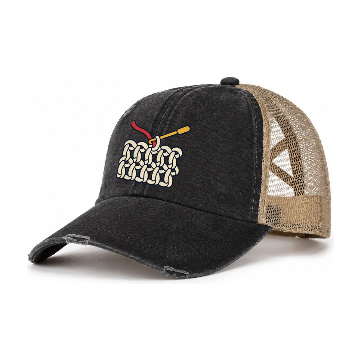 Hook And Yarn Diagram Yarn Crafts Women's Ponytail Trucker Hat – Washed Black Khaki