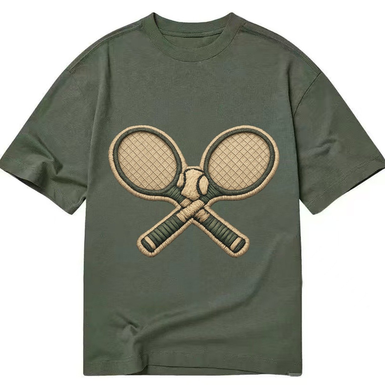 Embroidered Patch Design Tennis Racket Crossed Tennis Racket Classic T-shirt – Army Green