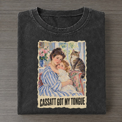 Cassatt Got My Tongue Mother And Cat Art Pun Vintage T-shirt – Black