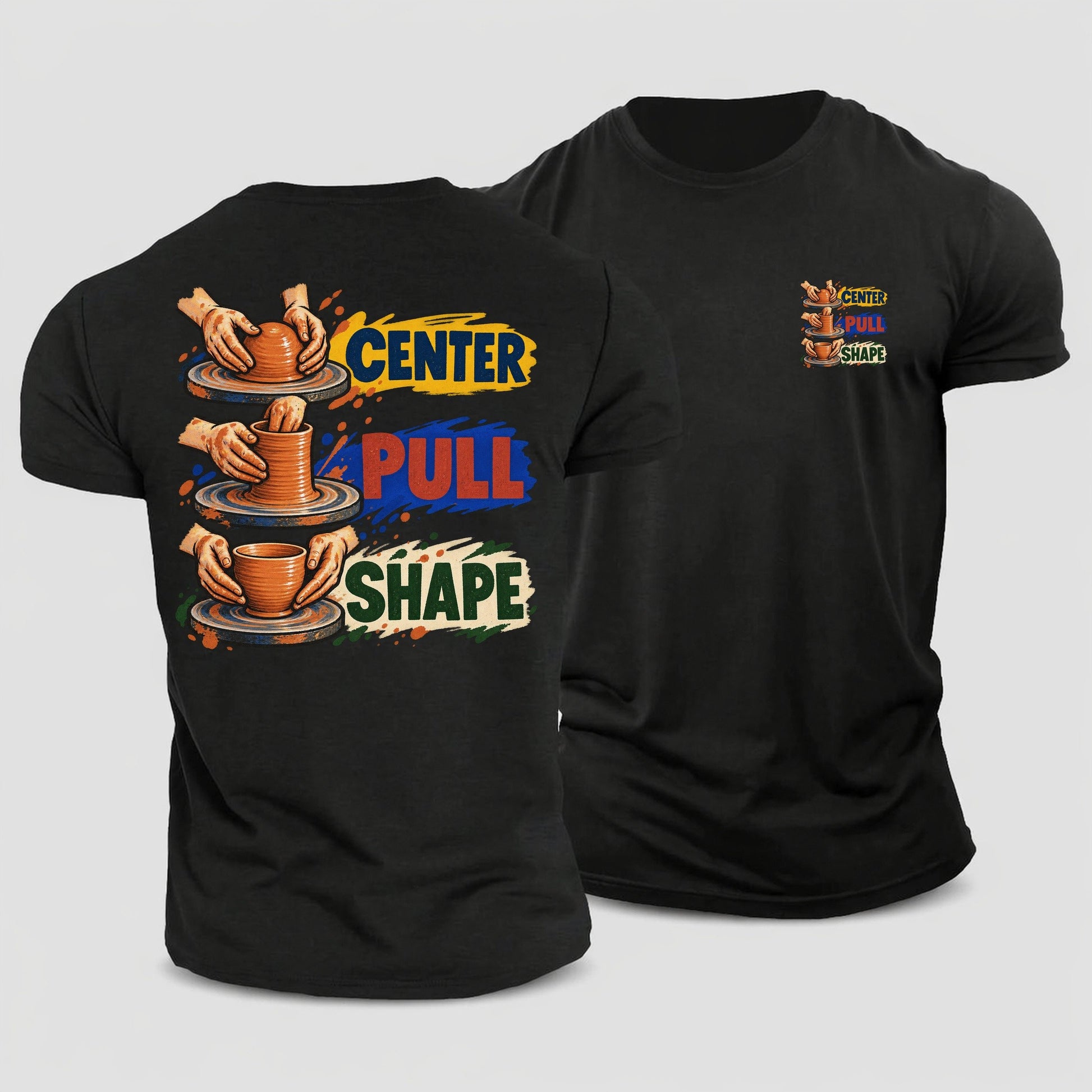 Center Pull Shape Clay Color Makers Cotton T-Shirt – Black