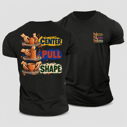 Center Pull Shape Clay Color Makers Cotton T-Shirt – Black