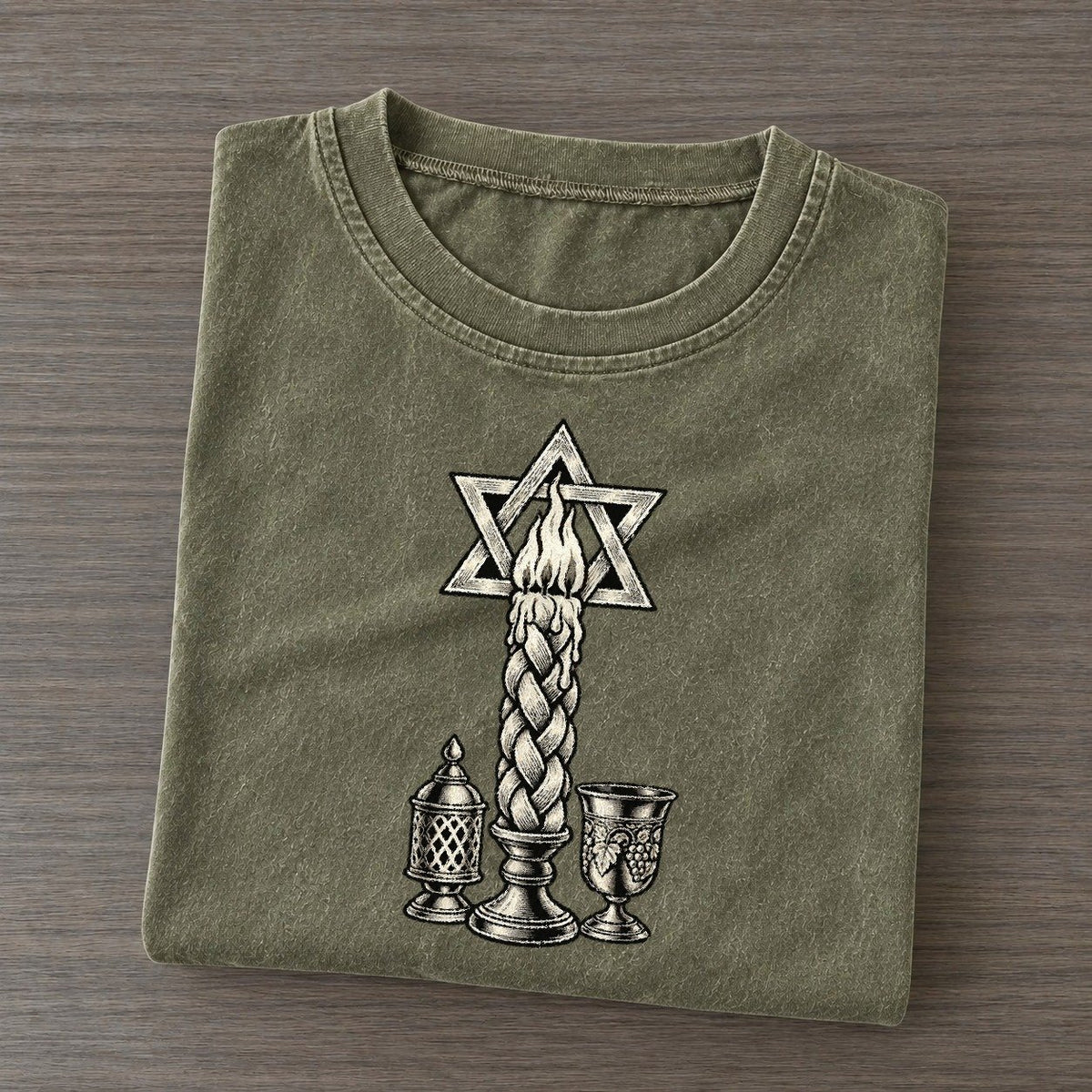 Jewish Havdalah Flame World Faiths Ink Figures Vintage T-shirt – Army Green