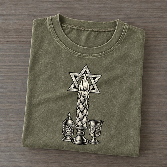 Jewish Havdalah Flame World Faiths Ink Figures Vintage T-shirt – Army Green