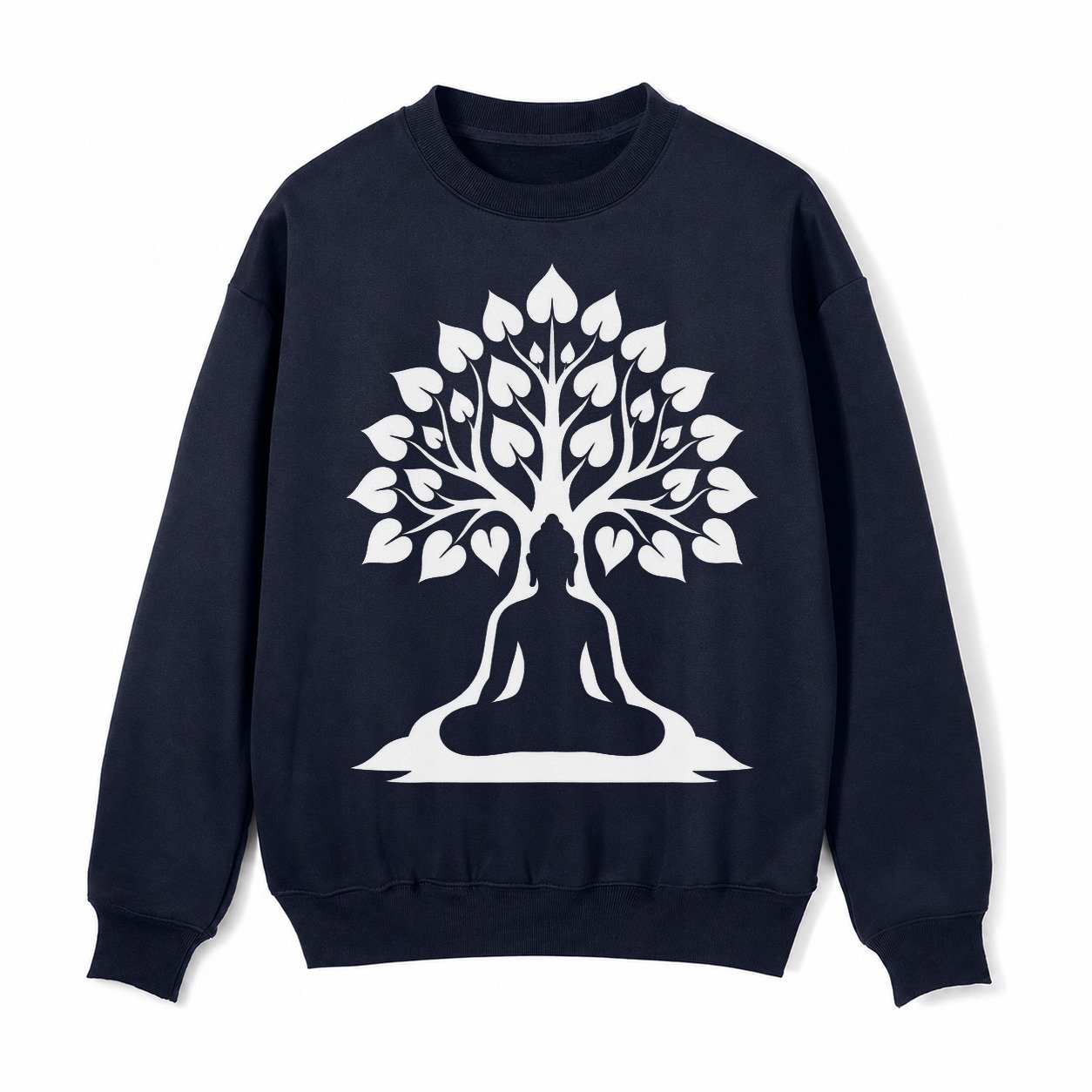 Buddha Silhouette Meditating Negative Space Forms Bodhi Tree Fleece Sweatshirt – Navy Blue