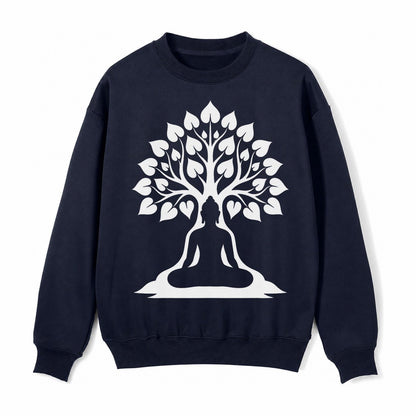 Buddha Silhouette Meditating Negative Space Forms Bodhi Tree Fleece Sweatshirt – Navy Blue