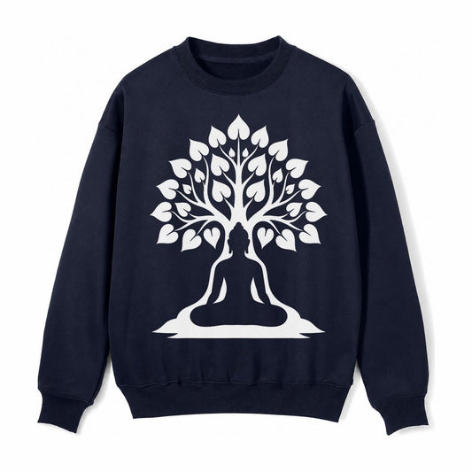 Buddha Silhouette Meditating Negative Space Forms Bodhi Tree Fleece Sweatshirt – Navy Blue