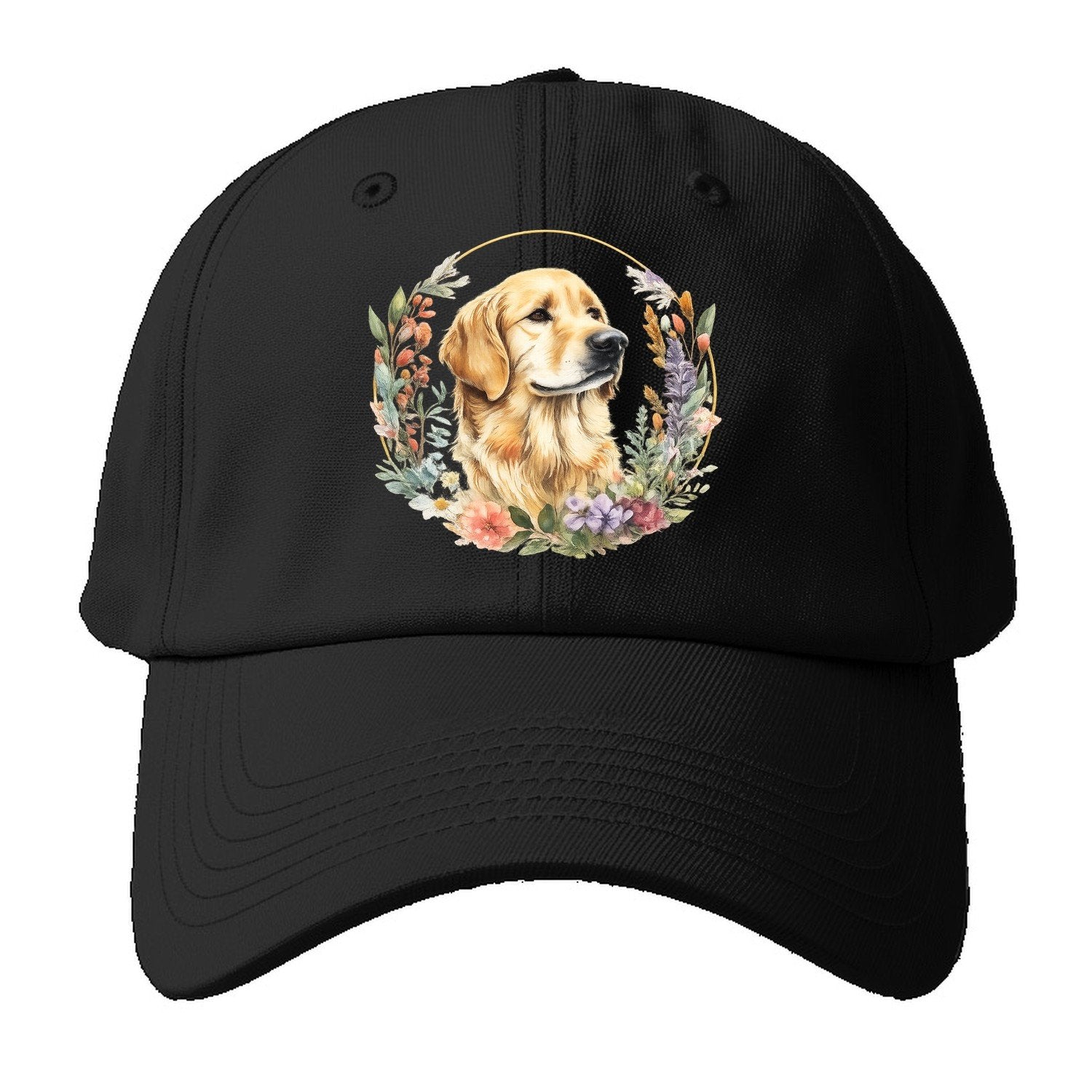 Golden Retriever Floral Portrait Baseball Cap – Black
