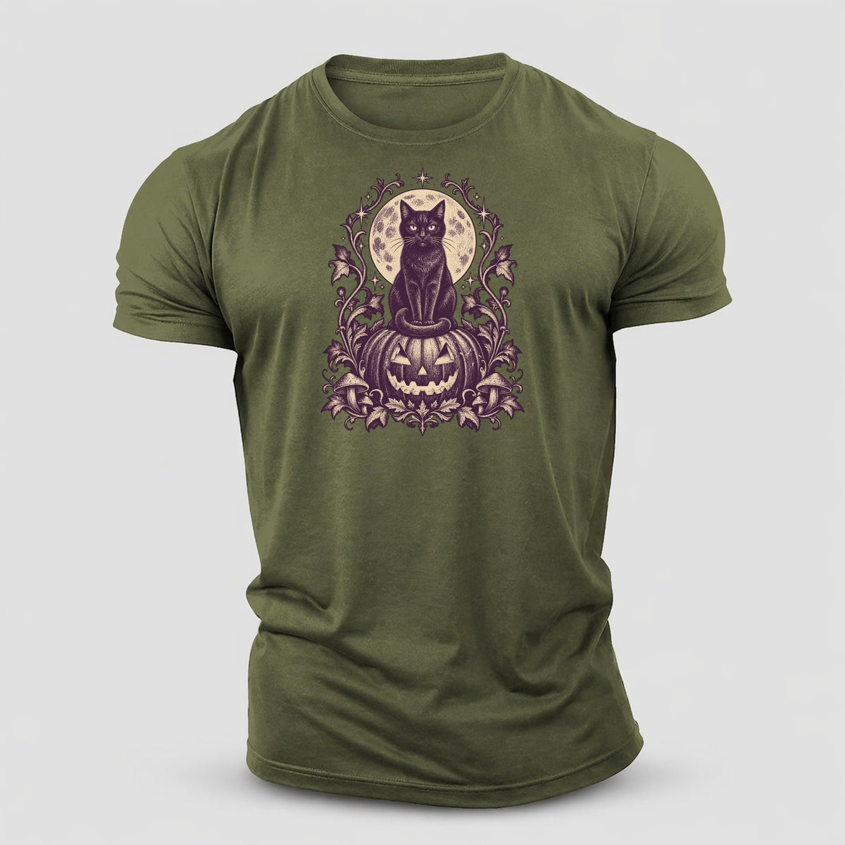 A Black Cat Sitting Upright On Top Of A Large Carved Jack O Lantern Tail Curled Around Its Paws A Full Moon Glowing Behind It Wordless Single Hue Gothic Engraving Portrait Midnight Haunt Cotton T-Shirt – Army Green