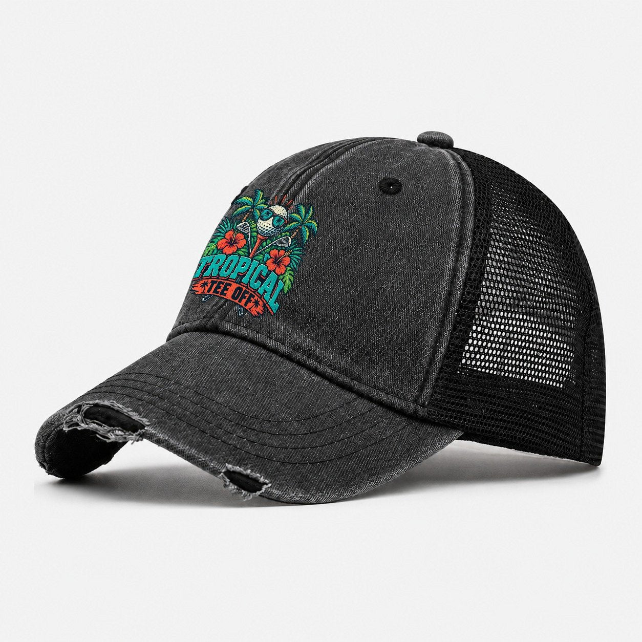 Tropical Tee Off Golf Life Washed Trucker Hat – Black