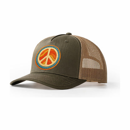 Retro Peace Harmony Trucker Hat – Olive-Khaki