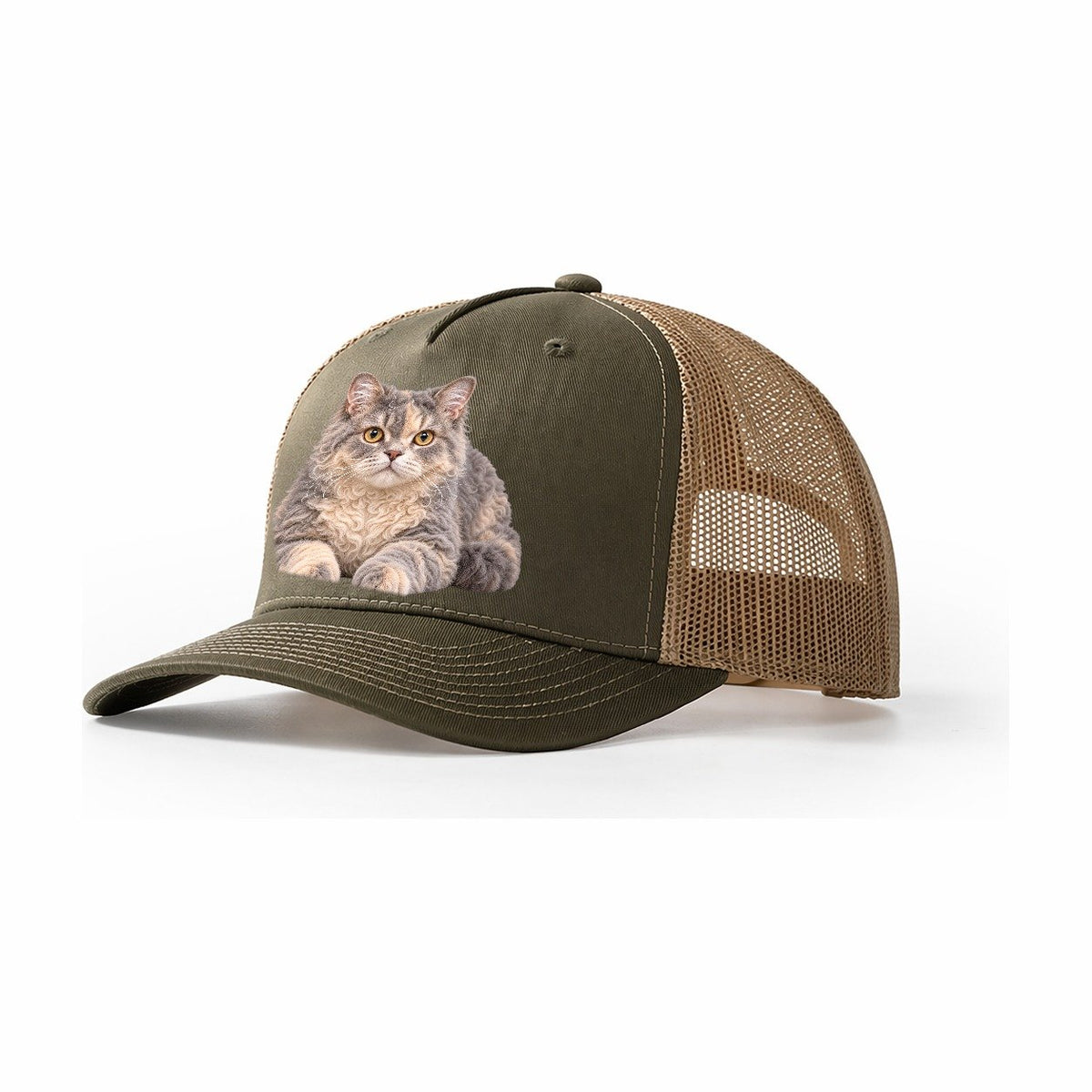 Selkirk Rex Reclining Paws Forward Realistic Cat Portrait Trucker Hat – Olive Khaki