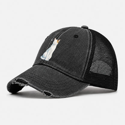 White Cat Crescent Moon Washed Trucker Hat – Black