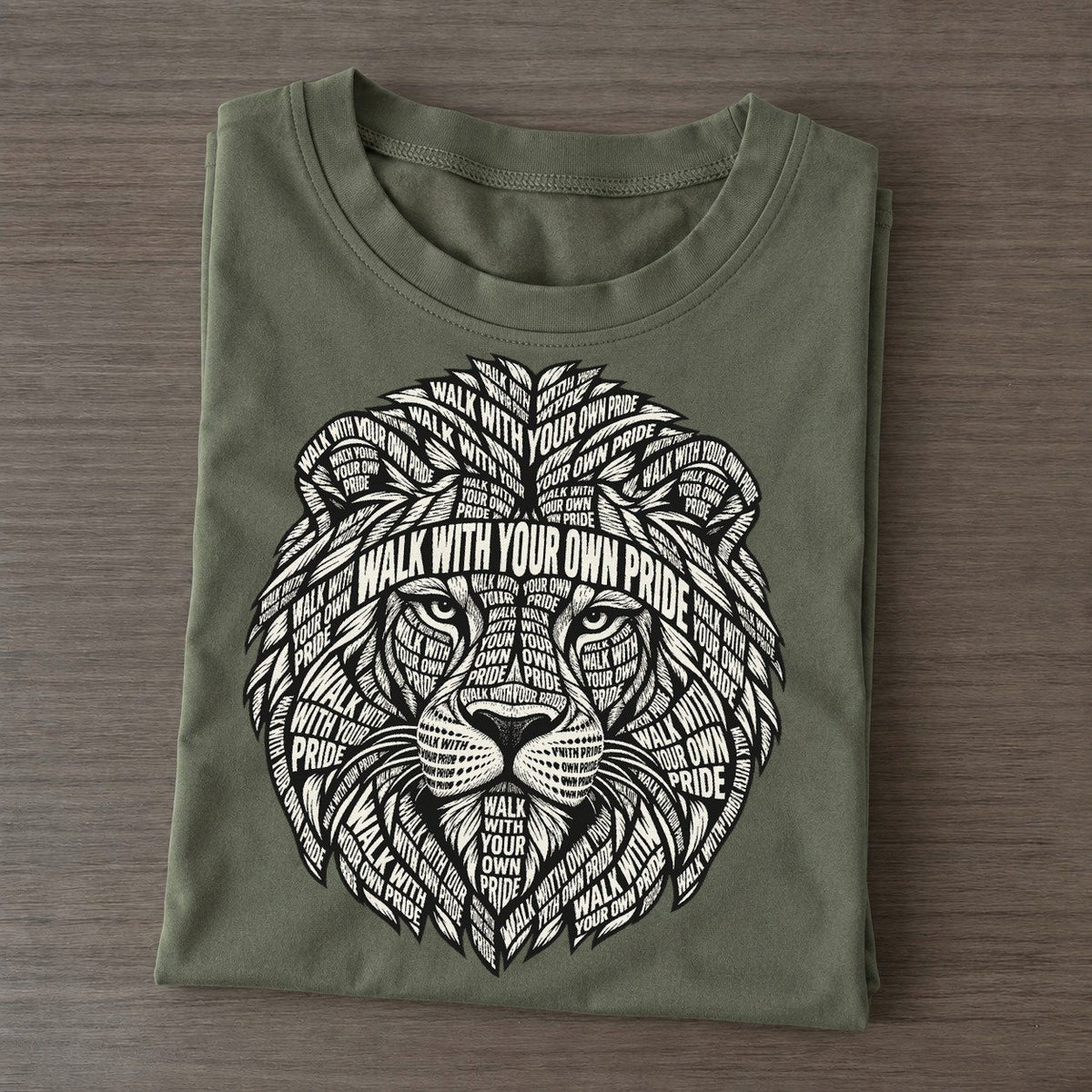 Lion Head Geometry Phrase Silhouette Classic T-shirt – Army Green