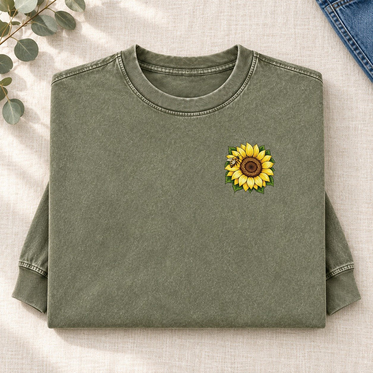Vintage Sunflower Left Chest Washed Long Sleeve T-Shirt – Army Green
