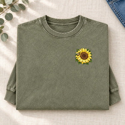 Vintage Sunflower Left Chest Washed Long Sleeve T-Shirt – Army Green