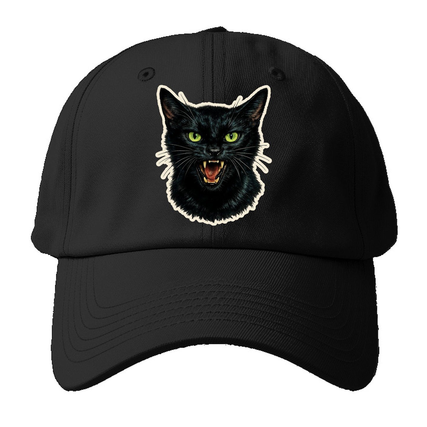 Hissing Green Eyed Black Cat Baseball Cap – Black