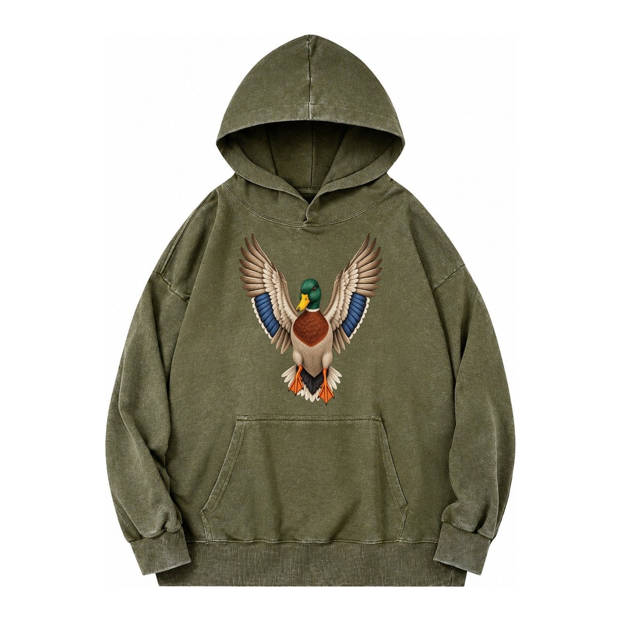 Mallard Majesty Vintage Washed Hoodie – Army Green