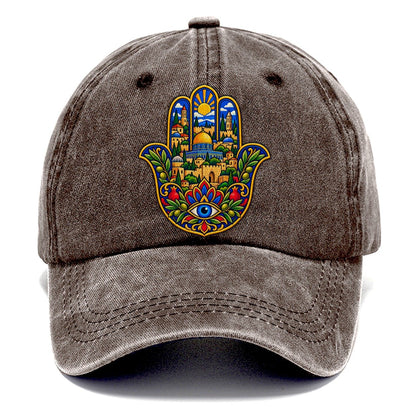 Hamsa With Skyline Jerusalem Classic Cap – Brown