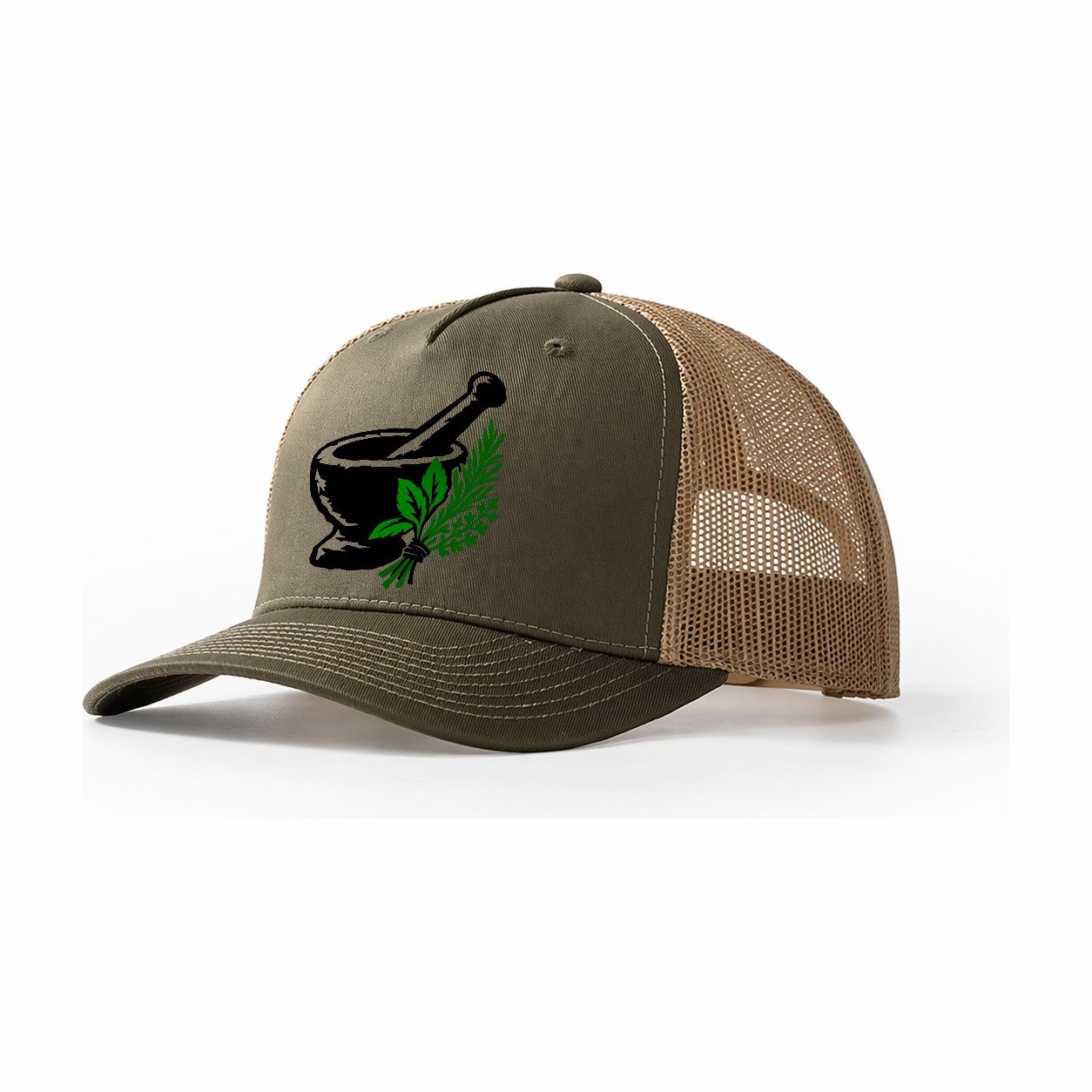 Mortar And Pestle With Herbs Witch Magic Trucker Hat – Olive Khaki