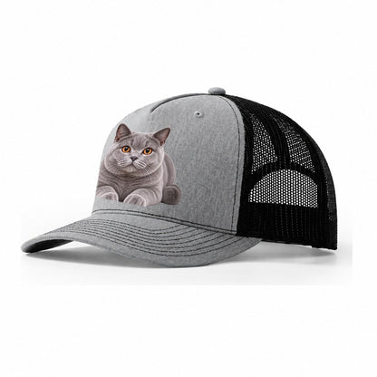 British Shorthair Reclining Paws Forward Realistic Cat Portrait Trucker Hat – Sport Grey Black
