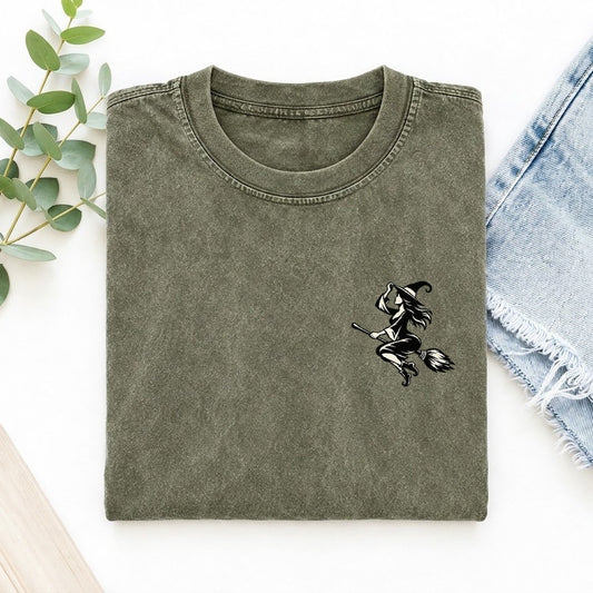 Witch On Broom Left Chest Vintage T-shirt – Army Green